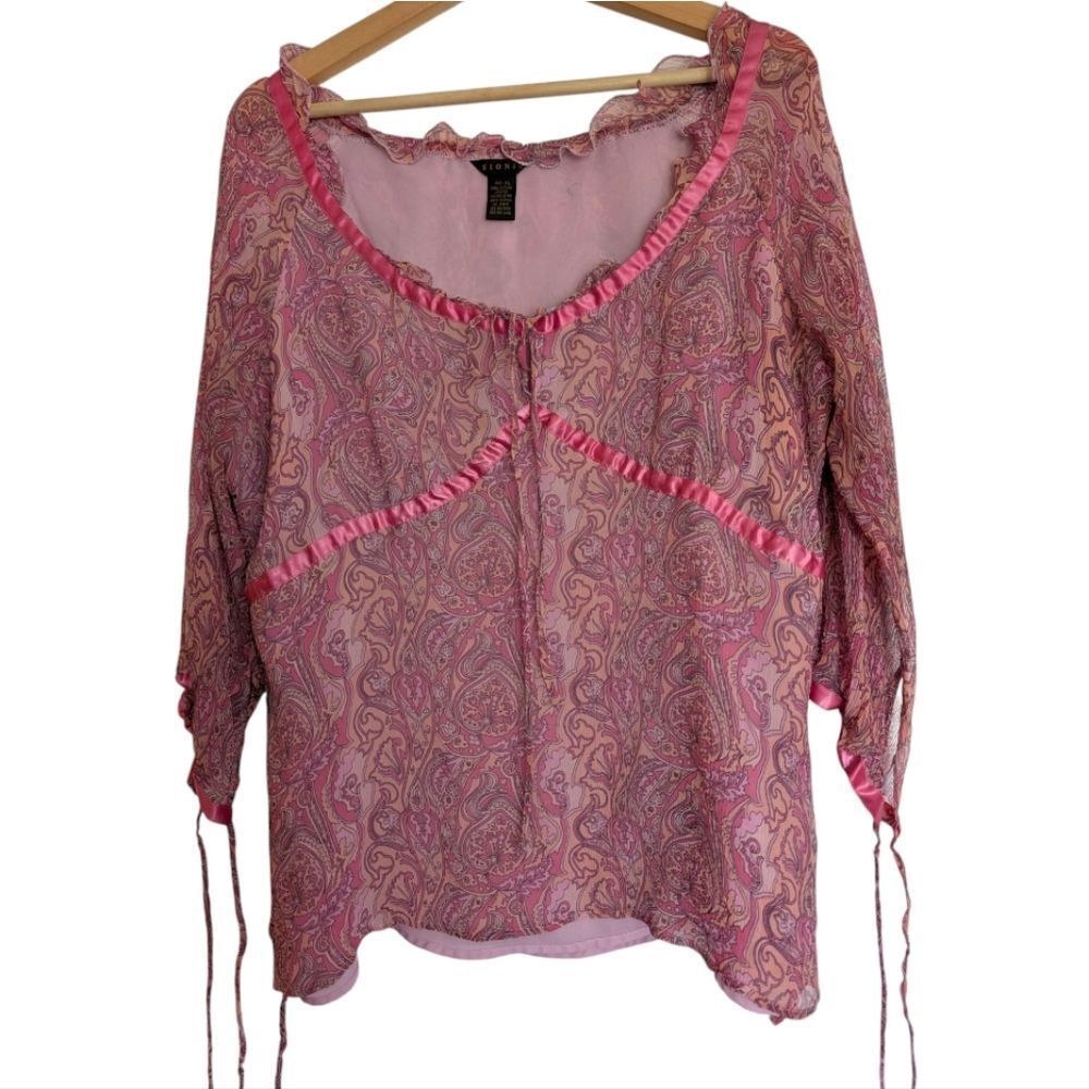 Sioni 💯 Silk Pink BLUSH Paisley Dainty LINED  Blouse with Ruched Details XL